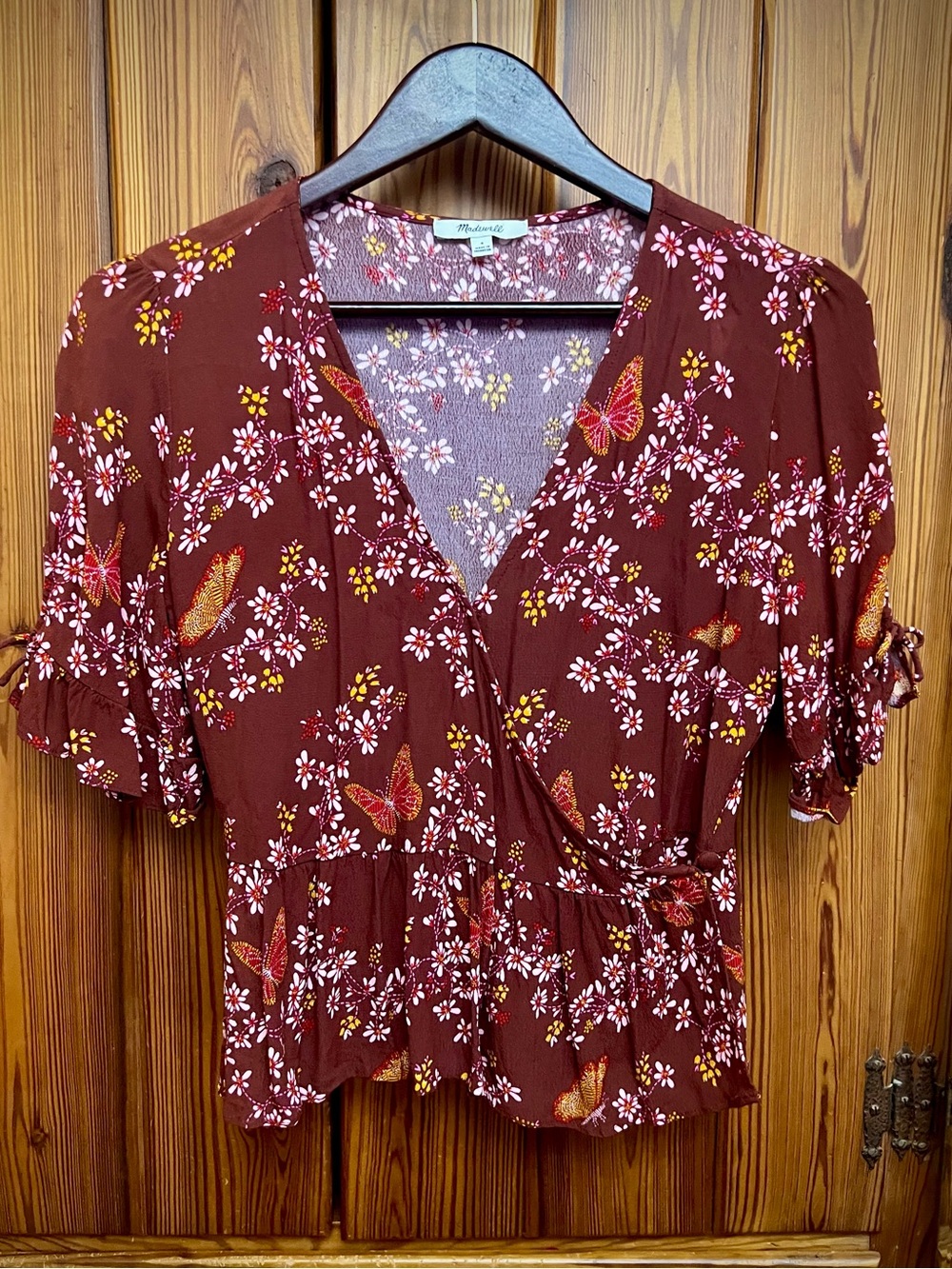 Madewell burgundy Floral Butterfly Sanctuary Wrap Top, tie sleeve, peplum 4